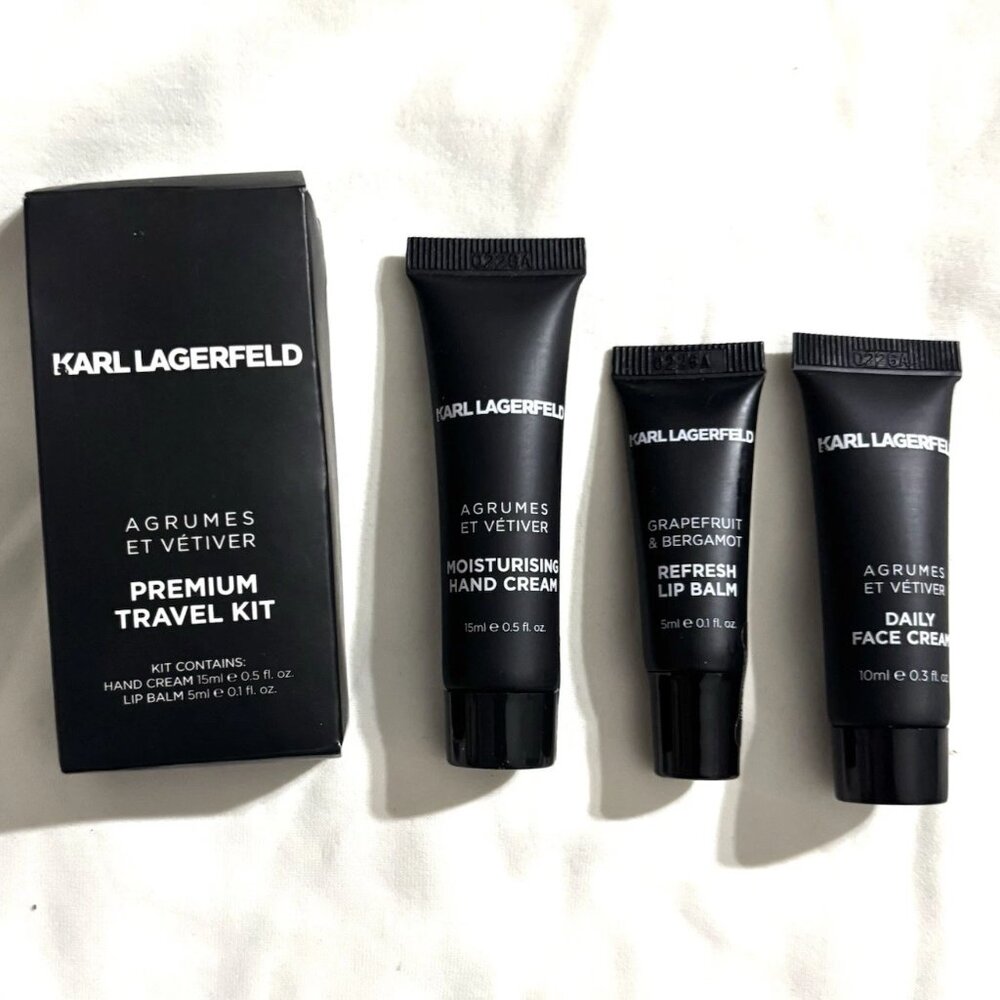 Karl Lagerfeld Agrumes et Vetiver Lip Balm, Face Cream 1 oz Ea.& Hand Cream 0.5